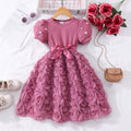Girls' dress for toddlers and young children, pearl-embellished short-sleeve rose dress