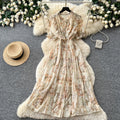 French romantic floral dress for women, summer , v-neck, puff sleeves, cinched waist, slimming, elegant maxi dress