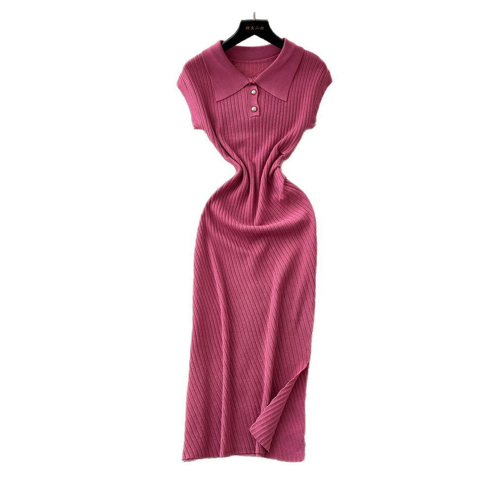 new arrivalniche styleretrok-stylefashionpolo collar short sleeve waist slimming lookelegant slit knittingdress