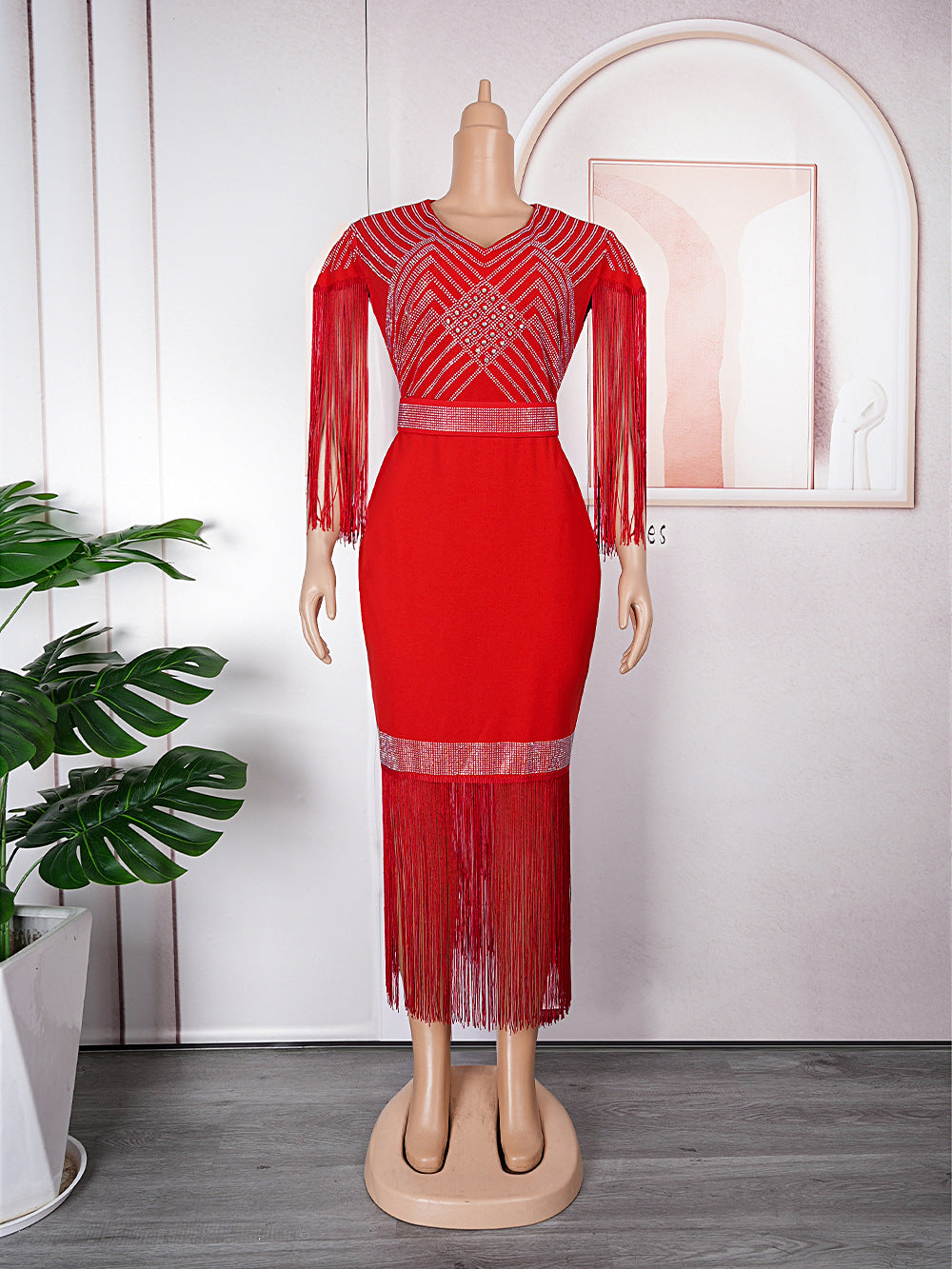 new european and american plus size women's clothing for cross-border e-commerce: african-style rhinestone and tassel dress for  and