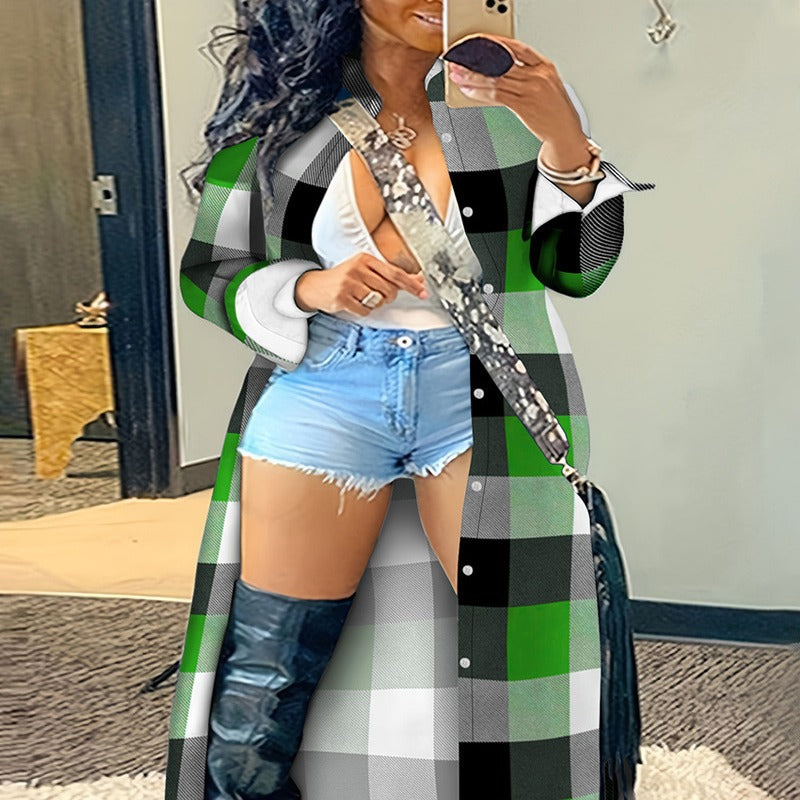 European and American  women's clothing large-size plaid printing long-sleeved cardigan jacket-LPU8082AA5