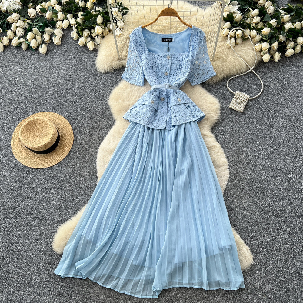 Xiaoxiangfeng pink socialite style lacedress female summerk-stylev neck waist pleated long skirt eleganceslimming look