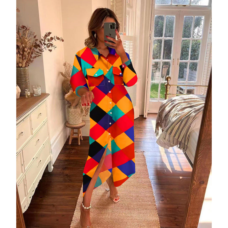 New arrival   exportfashionlong sleevesprinting lapel shirt skirt women's loosecasuallongdress