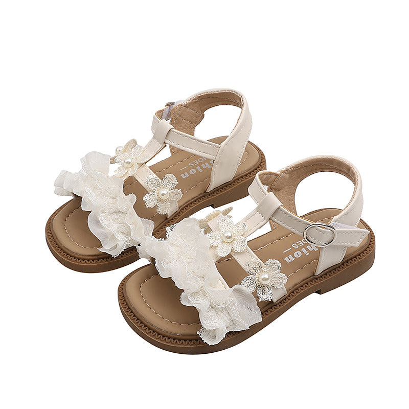 Summer  new girls' fashion floral princess thong sandals - kids' soft sole beach shoes with a fairy-tale touch