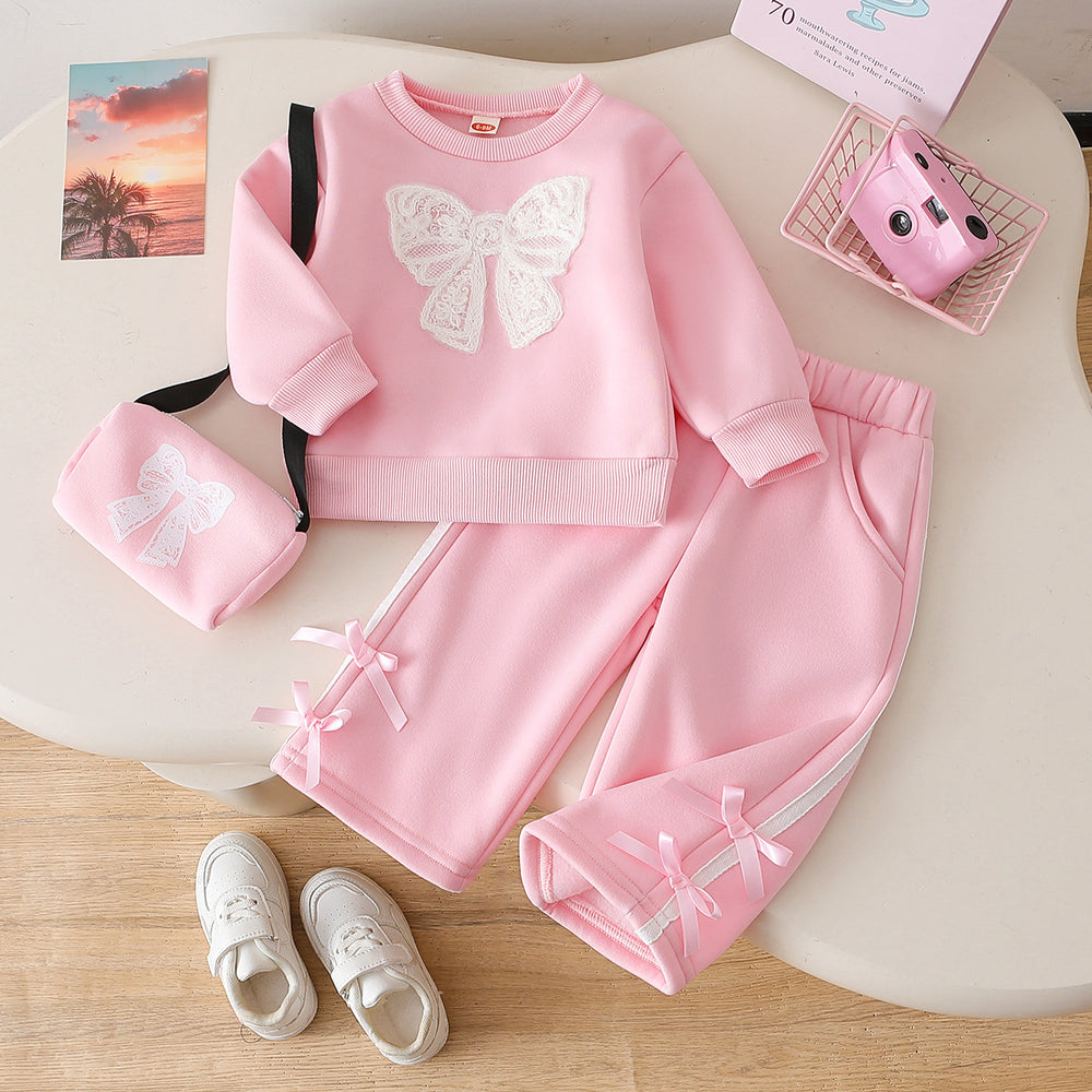 cross-border hot seller: autumn new bowknot sweatshirt crewneck set - three-piece outfit with pants and matching bag