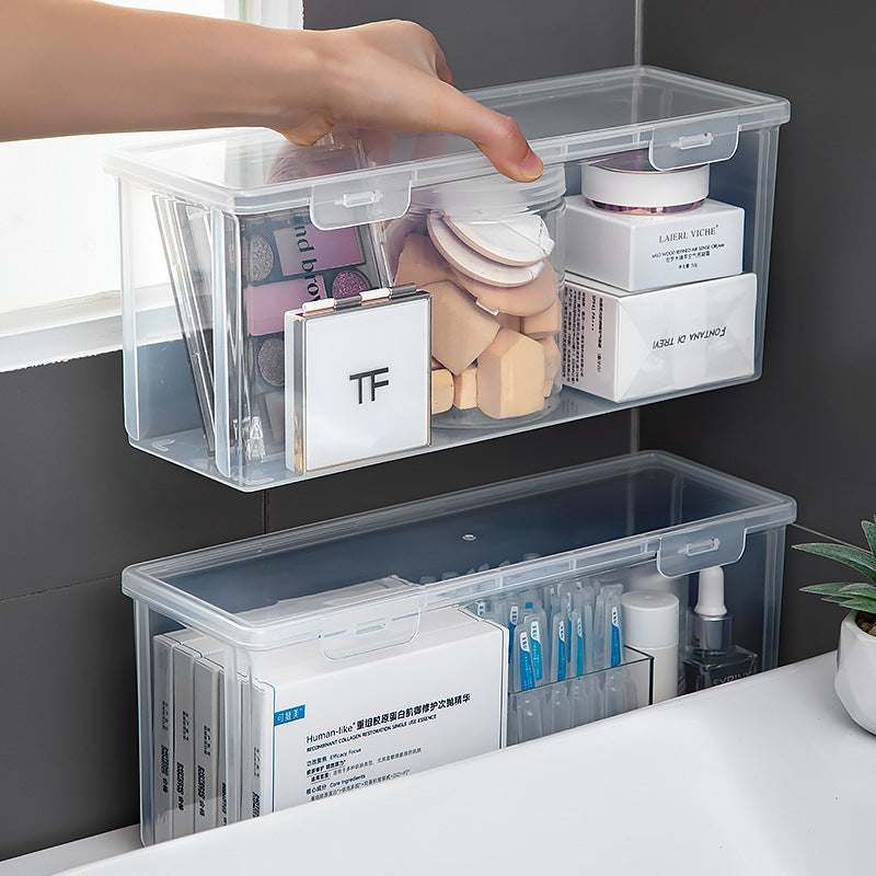 Long plastic washing powder storage box with lid, flip cover storage box, transparent mirror cabinet storage, rectangular storage box.