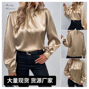 Stand collar lantern sleeve t-shirt for women satinsatineasiest for matchlong sleeves  cross-border fashionnew arrivalstylish women's clothing