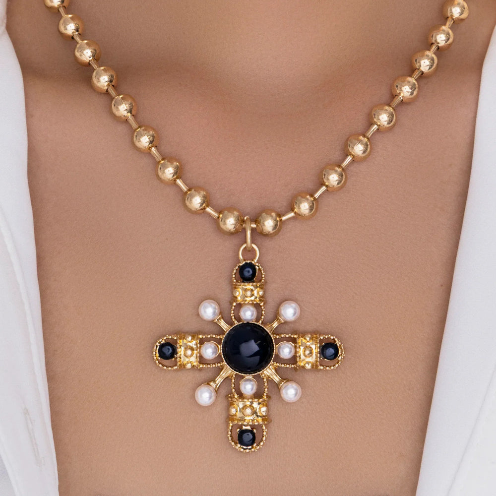 Imitation pearl cross necklace wholesale european and american cross-border pendant niche eight-pointed star retro beaded chain clavicle chain