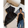 Women's summer new fashion elegant solid color lace patchwork asymmetrical hem backless halter tank top