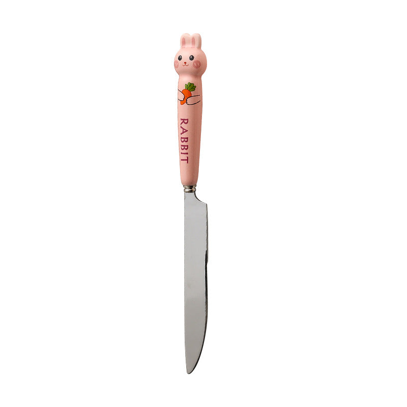 Cartoon stainless steel cutlery set: cute kids' forks with stylish ceramic handles, exquisite dessert spoons, and serving spoons