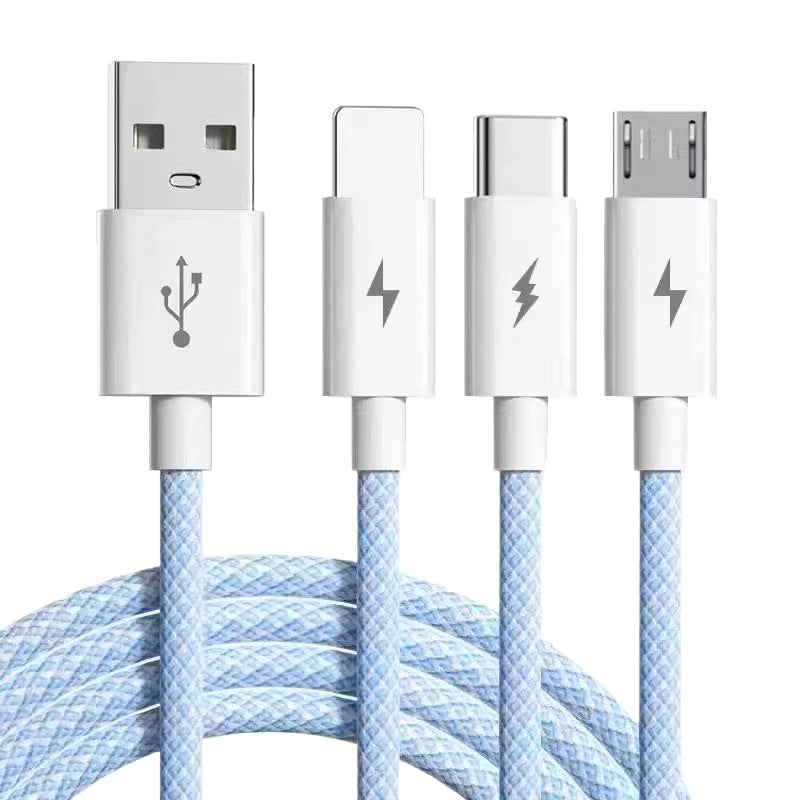 66w braided fast charging cable - one-to-three data cable, compatible with huawei, apple, and android phones, 6a 3-in-1 charging cable