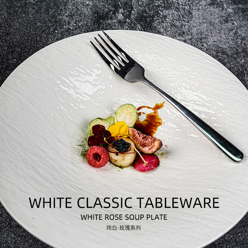 European-style embossed pure white tableware ceramic folded edge bowl large capacity ceramic salad fruit table stylish creative noodle bowl
