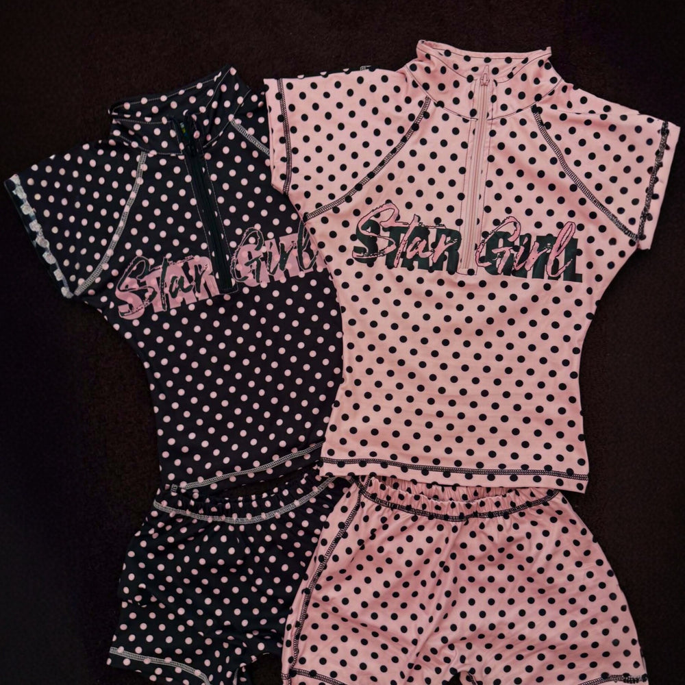 New arrival: women's polka dot print activewear set - ins style sporty casual short sleeve zip-up top and shorts outfit