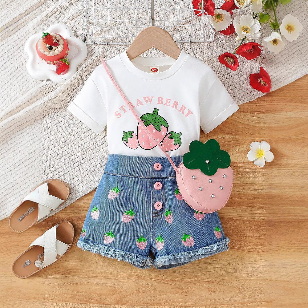 hot selling girls' crew neck printed tee + strawberry print denim shorts + bag set for little girls