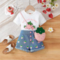 hot selling girls' crew neck printed tee + strawberry print denim shorts + bag set for little girls