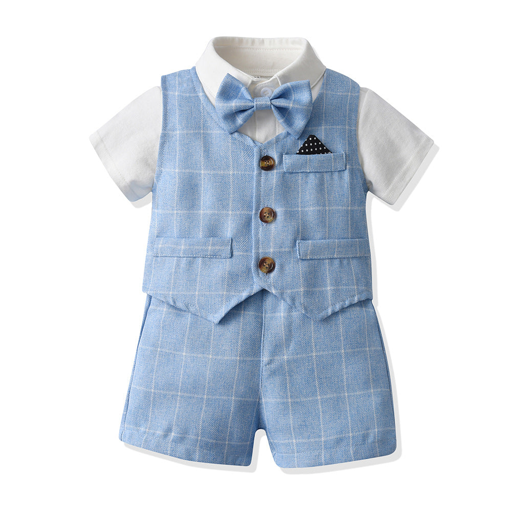 New british style boys' summer short-sleeve outfit: plaid vest suit for kids, perfect for baby's first birthday or special occasion