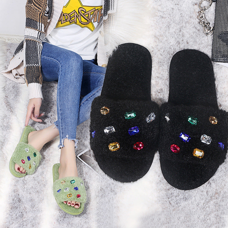 Exportplus size fur slippers 24 years fashion rhinestone women's slippers independent station fur slippers in stock wholesale