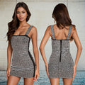 C7197 cross-border   fashion women's sexy rhinestone one-piece dress with arm sleeves