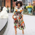 Satin printing pleated elegant socialite style african fashion shirt collar waist shirt collar long skirt