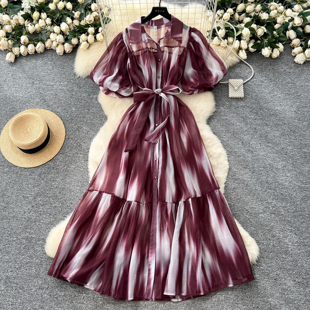 Palace style niche styleclassy puff sleeve shirt dress female french strap waist printing large swing long skirt