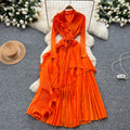 Miya pleated european and american dress women's  autumn sense of design strappy waist suit collar asymmetrical long skirt