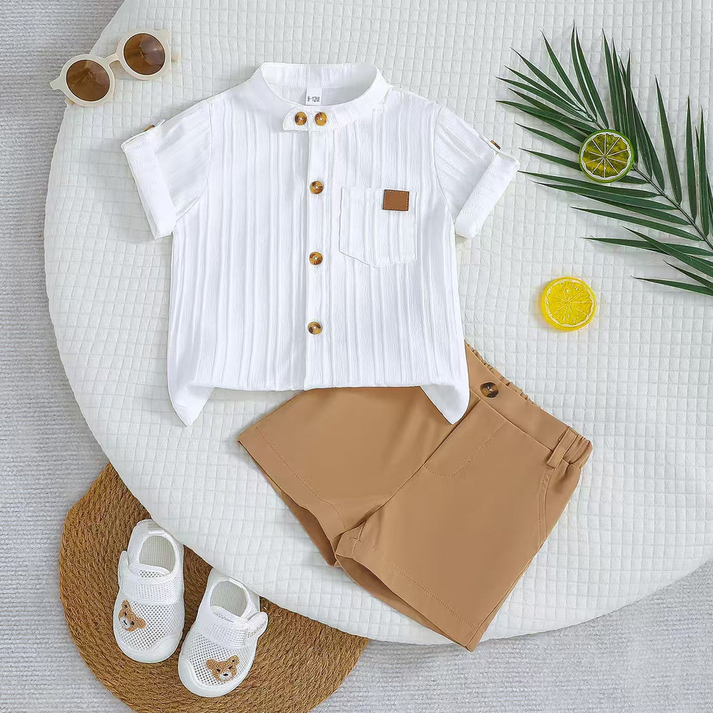 Children's clothingwhite vertical stripes short-sleeved shirt + khaki shorts two-piece set shirt