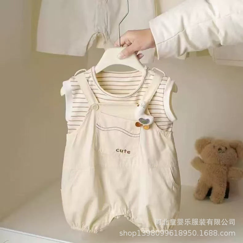 Baby summer outfit  new arrival: boys' and girls' summer short-sleeve set, korean style overalls two-piece baby clothes