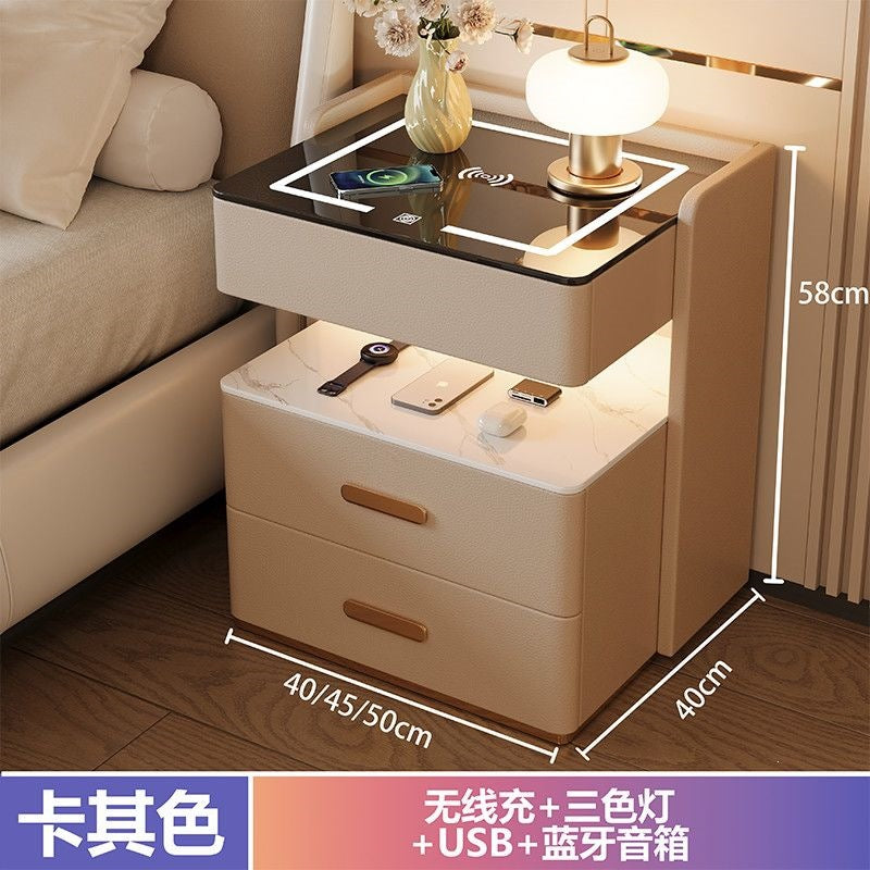 Solid wood smart light luxury bedside table - modern, high-end, home bedroom, minimalist, multifunctional, wireless charging & storage