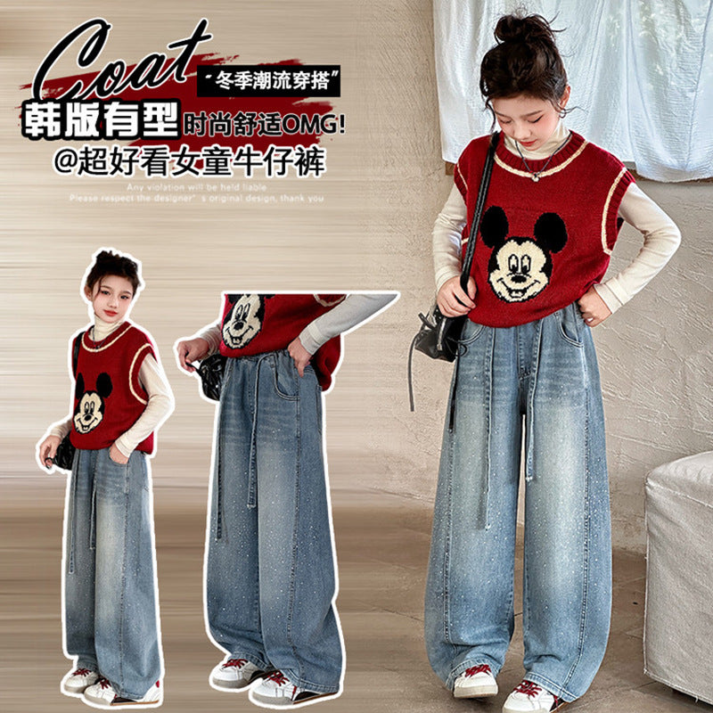 Girls' jeans, wide-leg pants, and straight-leg trousers for older girls - spring/autumn  new styles - hot rhinestone trendy designs for middle school girls