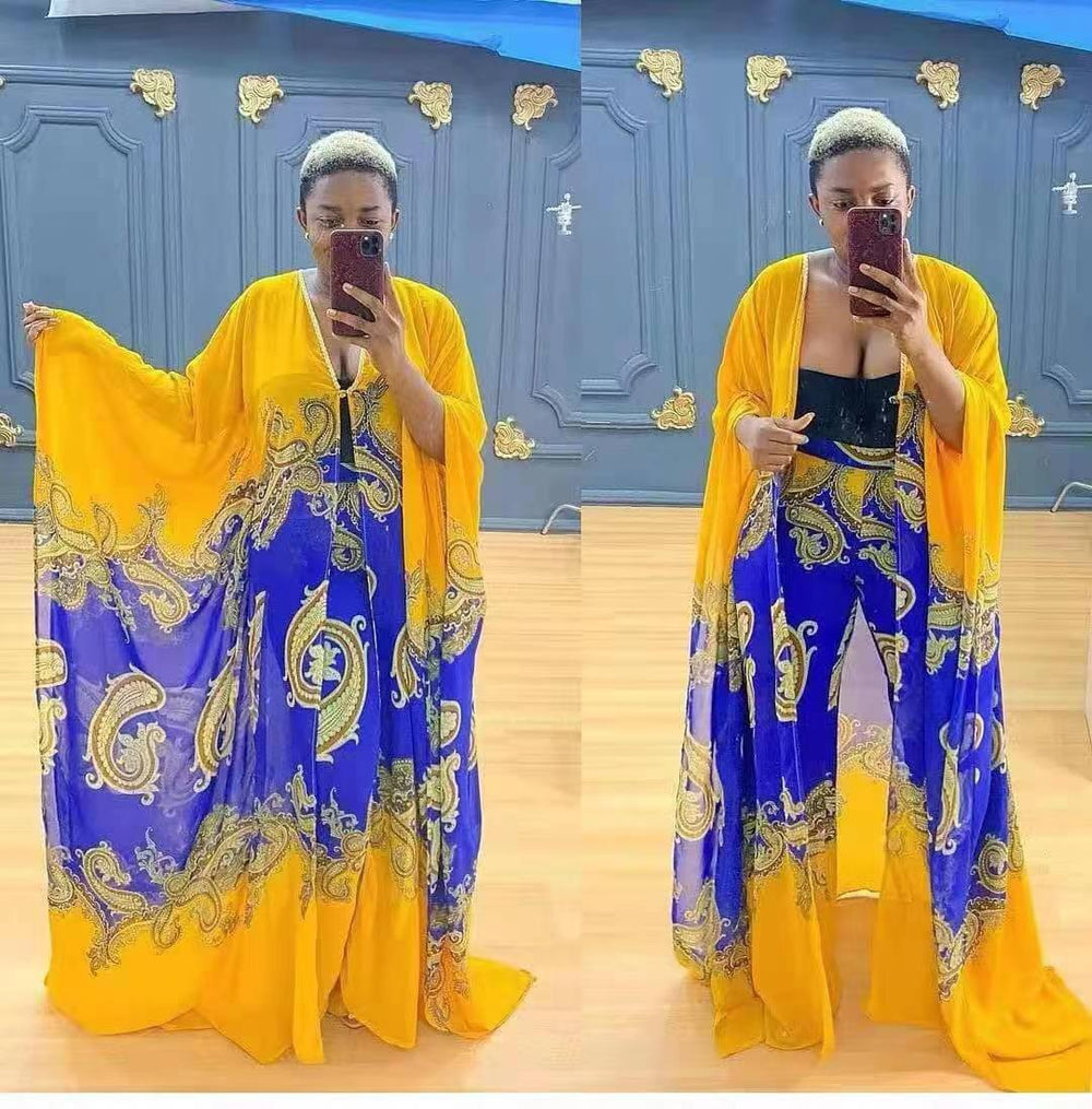 supply summerelegant chiffon v neck chiffon outwear shawl loosepantstwo-piece set multiple colors