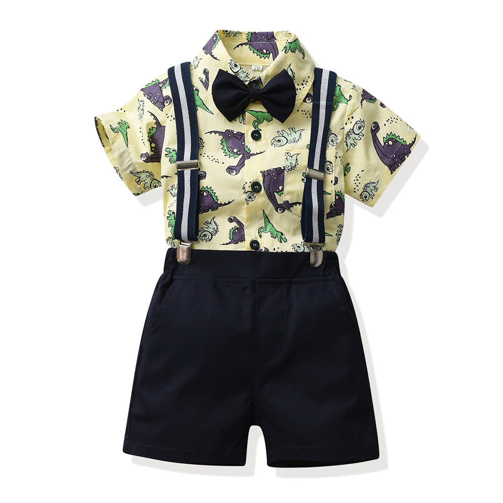 European and american cross-border new children's short-sleeve shirt printed boy's outfit cartoon dinosaur overalls gentleman's first birthday dress