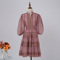 export solid color organza dress with semi-open collar, lantern sleeves, mid-sleeve, lace patchwork, and cinched waist mini dress