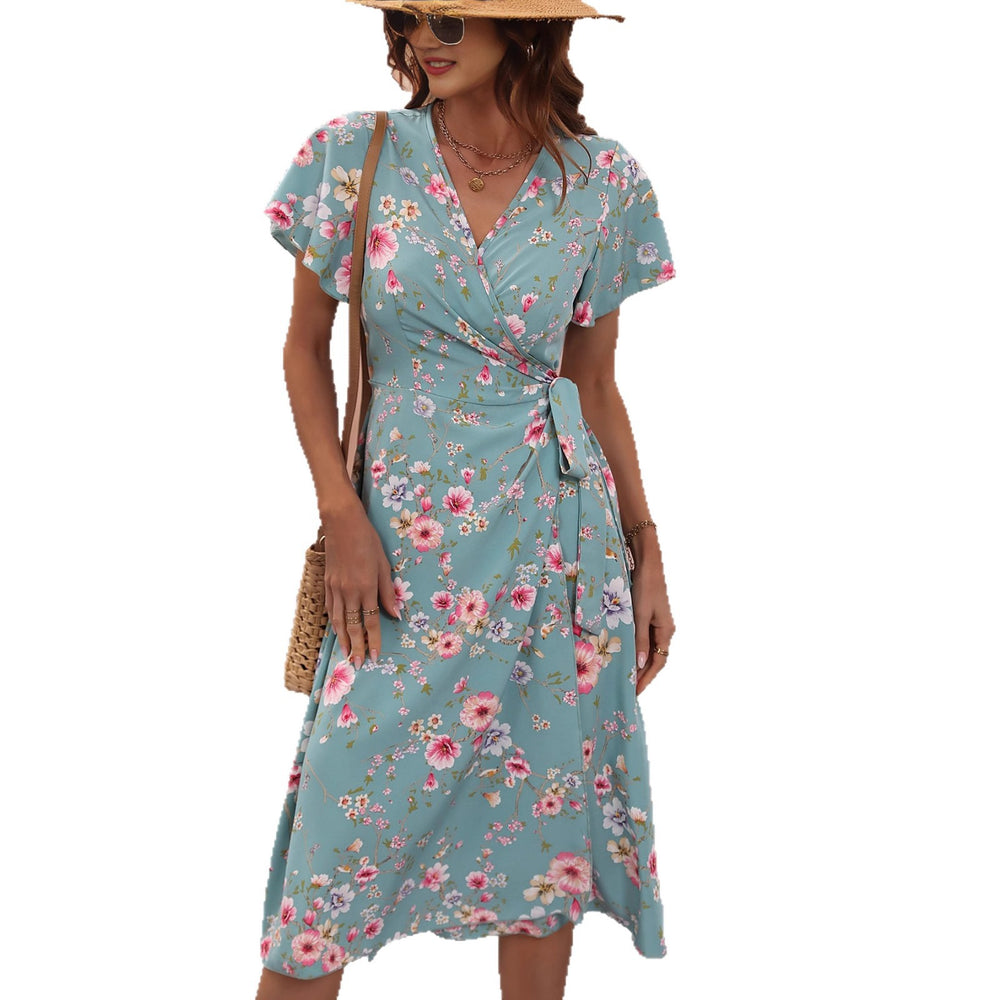 New arrival  fashion cross-border women's dress v neck waist printing summer skirt