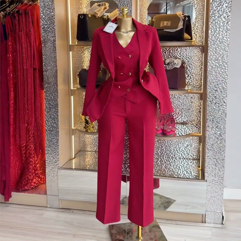 European and american cross-border women's fashion  spring new arrival: elegant commute solid color blazer, vest, and pants three-piece set