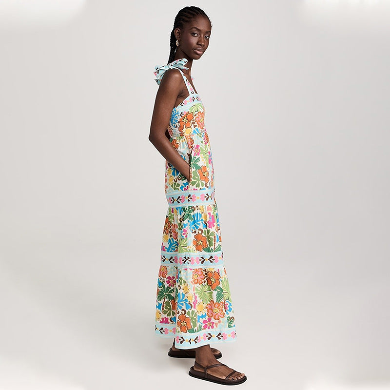 2025 summer amazon fashion new sleeveless collarless high waist plant printing women's large swing suspender dress