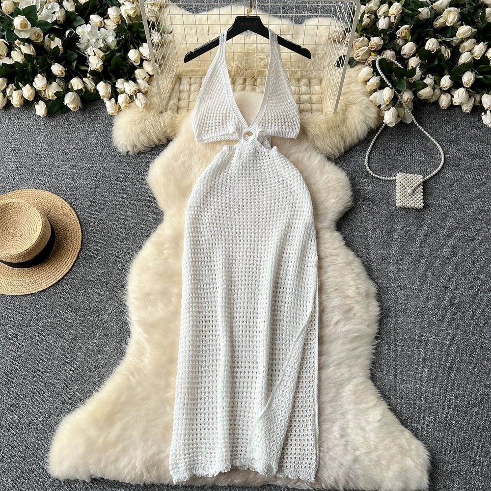 European and american hot girl style halter neck cami dress - women's summer v-neck cutout slit backless design - pure & sultry maxi dress