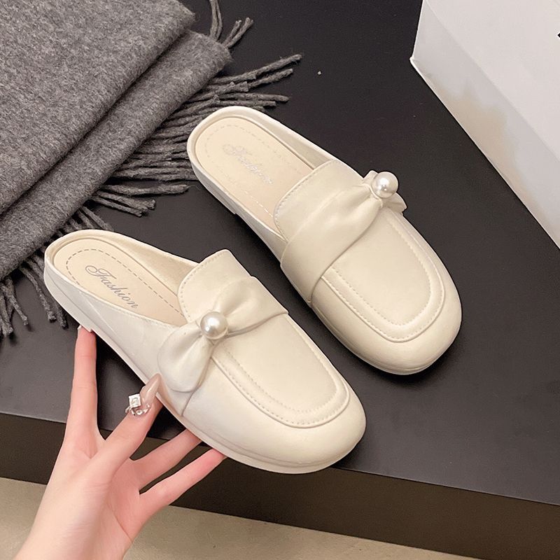 2025 summer new pearl-embellished mule slippers for women, round toe slip-ons, wholesale casual shoes
