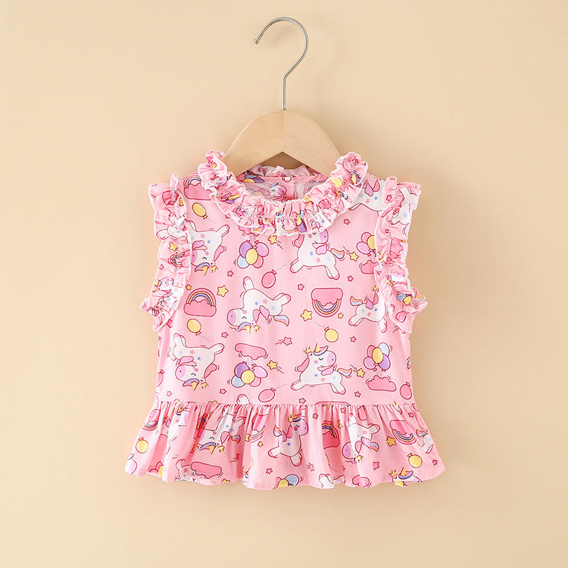 Girls' cotton rayon top - cartoon print, loose-fit, breathable, cute summer lightweight pajama set with lace trim
