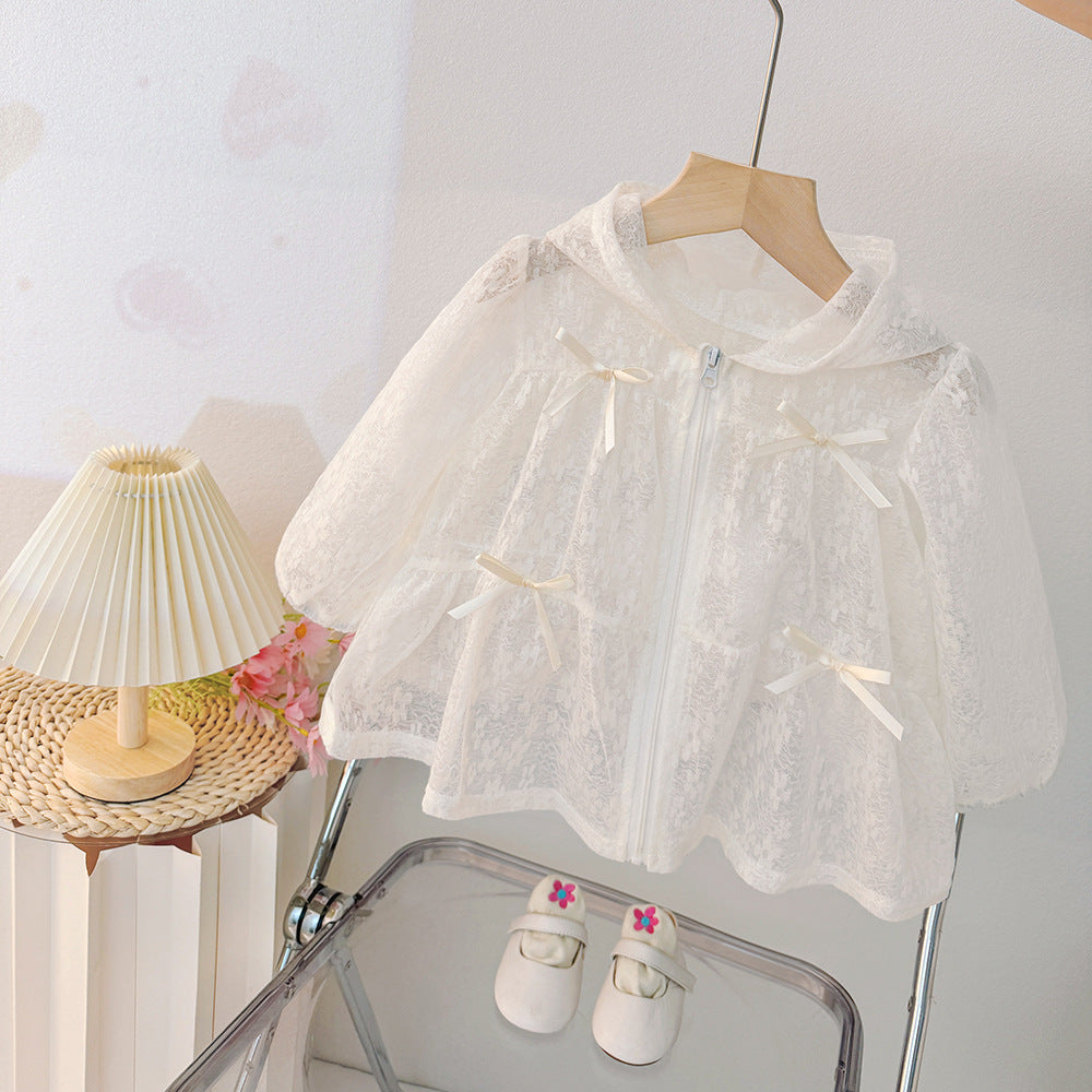 Korean style baby girl summer outfit  new children's summer bowknot jacket little girl princess style hooded coat