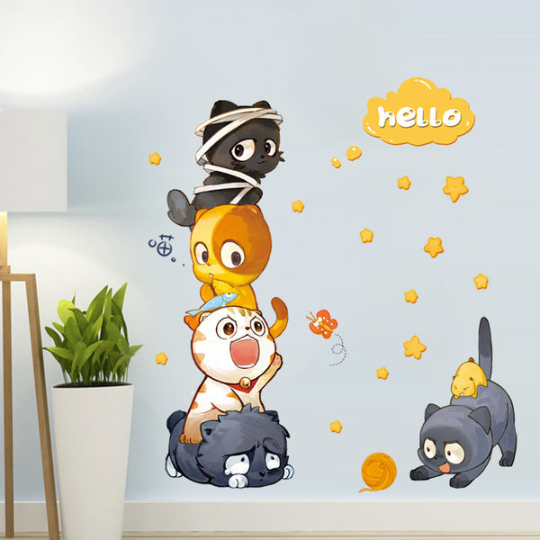 New cartoon cat wardrobe wall sticker bedroom refrigerator door and window sticker background decoration removable sticker XH9314