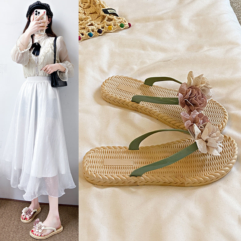 Sweet and stylish women's summer sandals, new color-blocked floral flip-flops, flat, non-slip beach sandals for women
