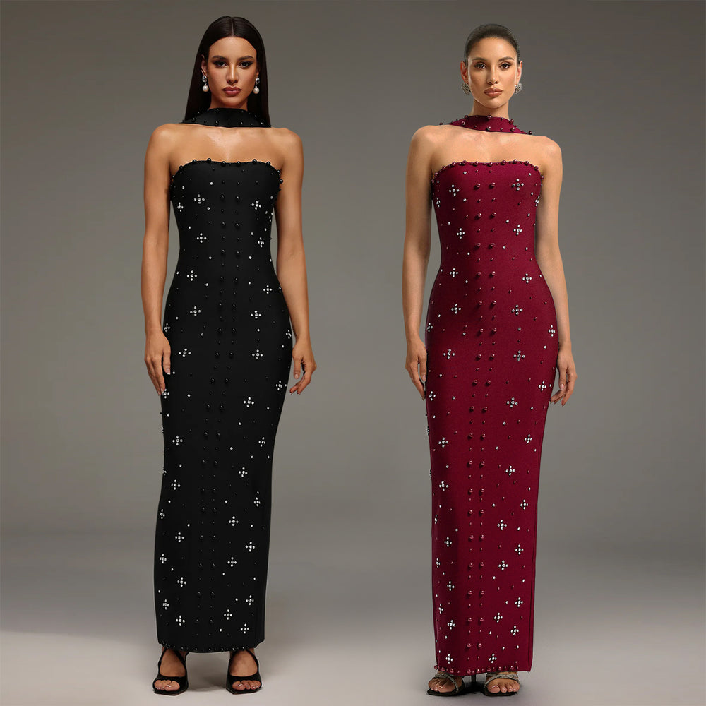 C7625 cross-border   fashion women's elegant rhinestone bodycon bandeau dress