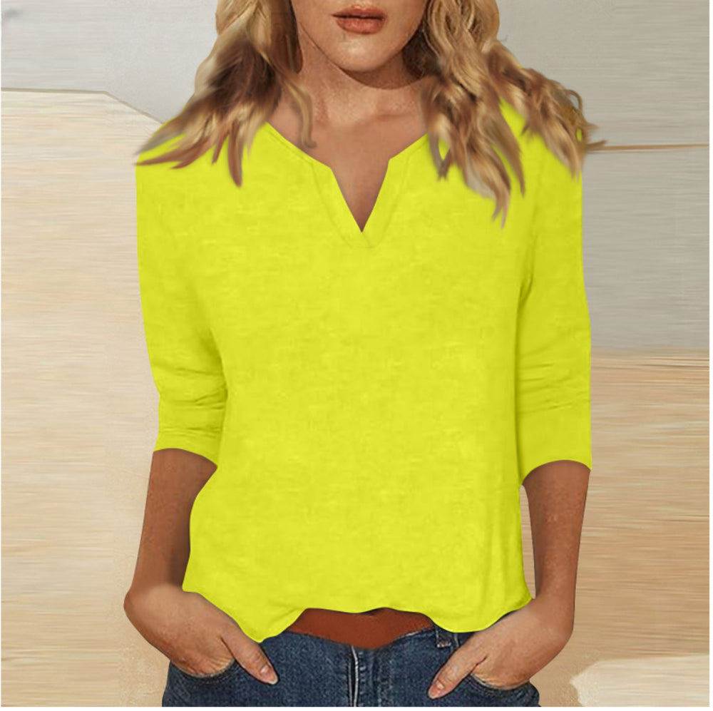 cross-border women's v-neck 3/4 sleeve solid color t-shirt top