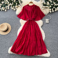 French court style lantern sleeve tiered dress - women's summer tie-waist a-line maxi dress - slimming & elegant