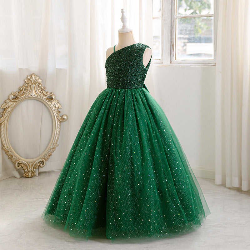 European and american style girls' evening gown - high-end, elegant, long, mesh tutu skirt, off-the-shoulder, sequin embellished, customizable, hot seller