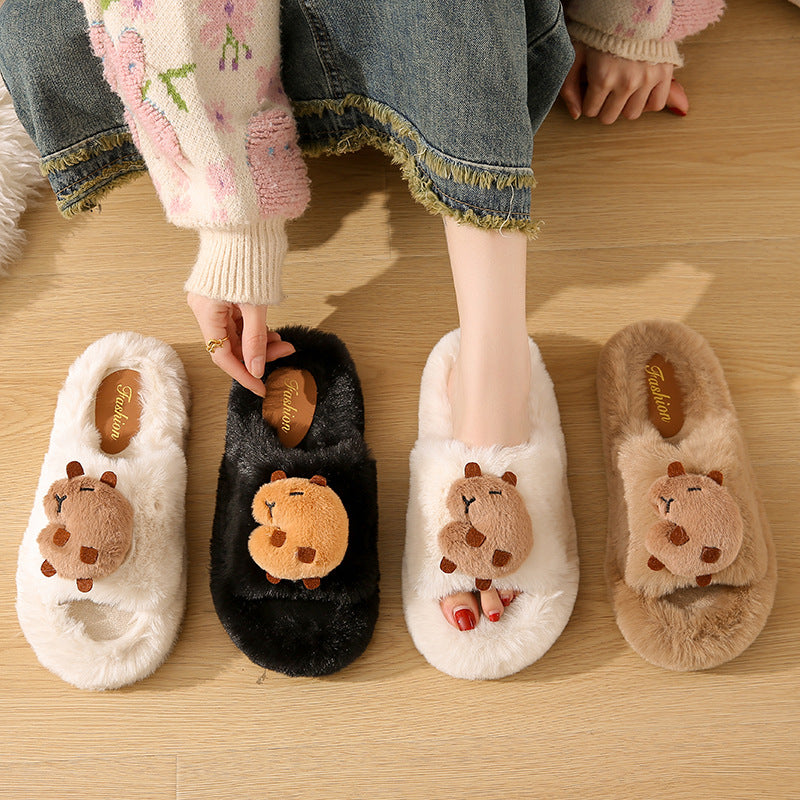 Korean style cartoon cute capybara fuzzy slippers women's autumn/winter new thick sole comfortable one-strap capybara cotton slippers