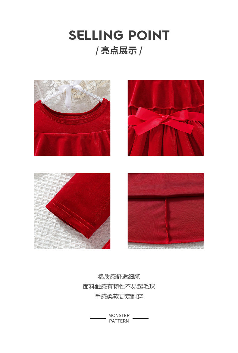Girls' foreign trade dress - festive red off-the-shoulder design with ruffle trim, velvet fabric, bow accent, autumn/winter long sleeve dress for children