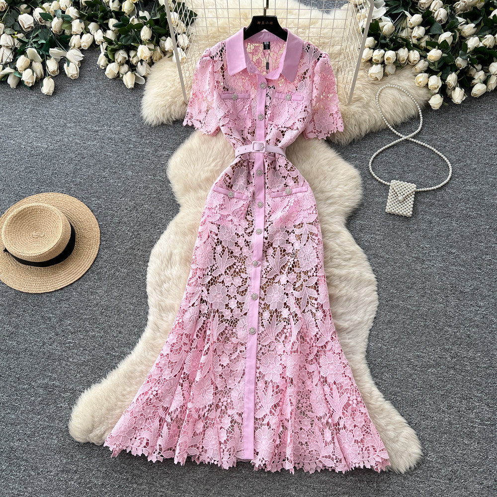 Frenchaccessible luxury heavy industry lacecut out silk dress women's summer k-style lapel waist slimming lookwork clothingelegance long skirt