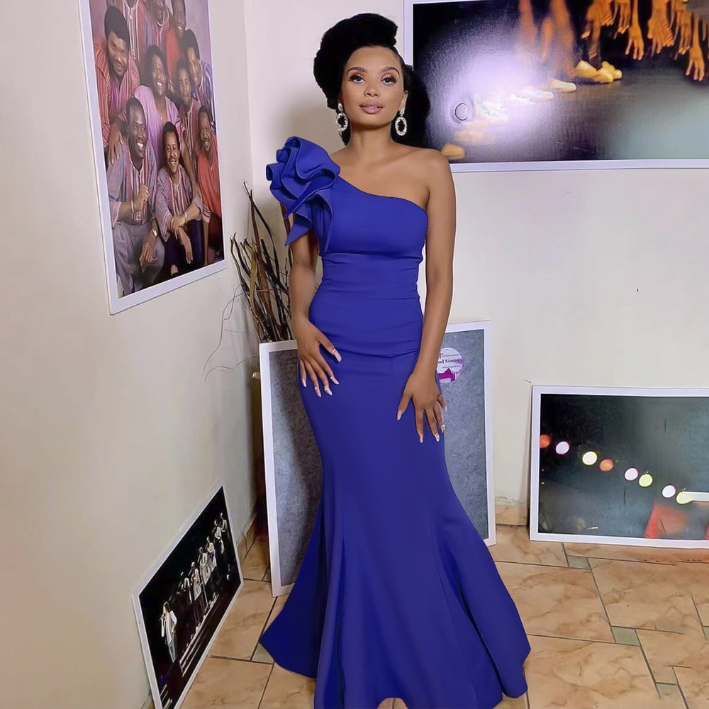 e-commerce solid color asymmetrical bust-enhancing dress, european and american/african women's sexy cocktail party evening gown