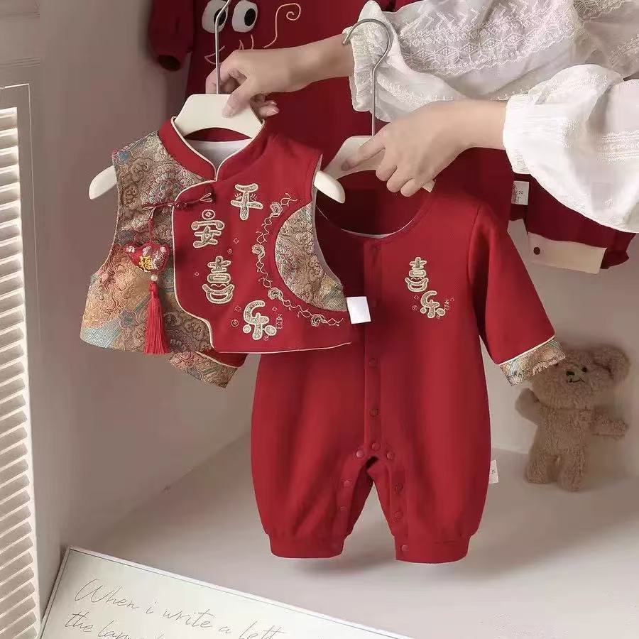 Spring autum jumpsuit baby clothes baby full moon first birthday banquet red festive national style khaki new year anxi crawling suit